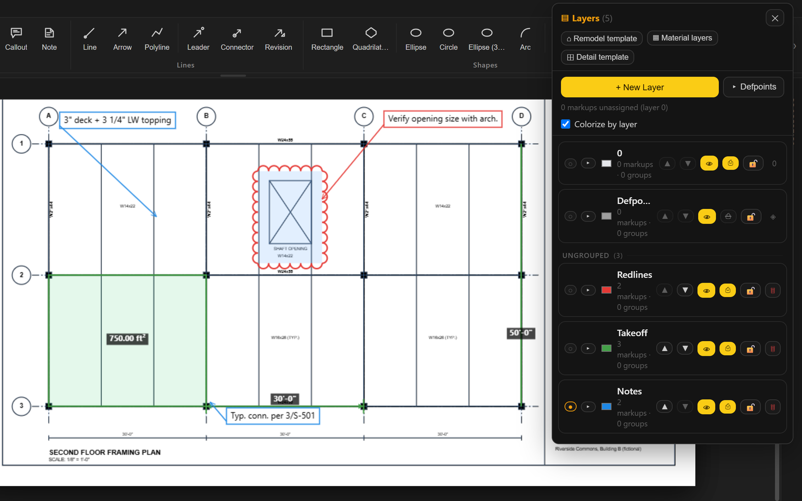 The layers panel beside a framing plan, with markups drawn on named user layers