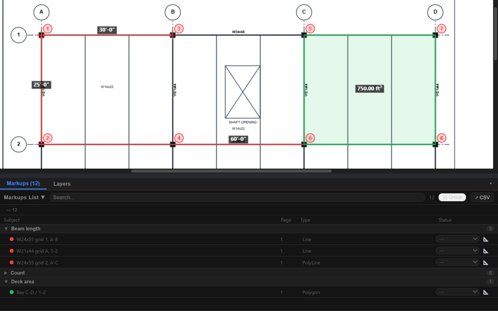 Lengths, an area and a count measured on a framing plan, with totals in the Markups list