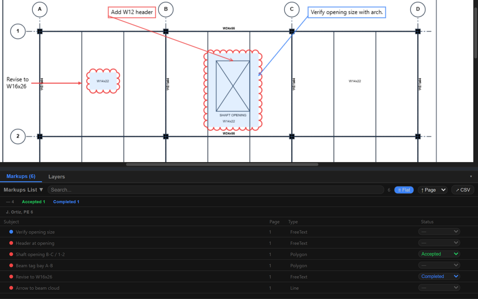 Revision clouds and callouts on a framing plan, listed with status and author in the Markups list