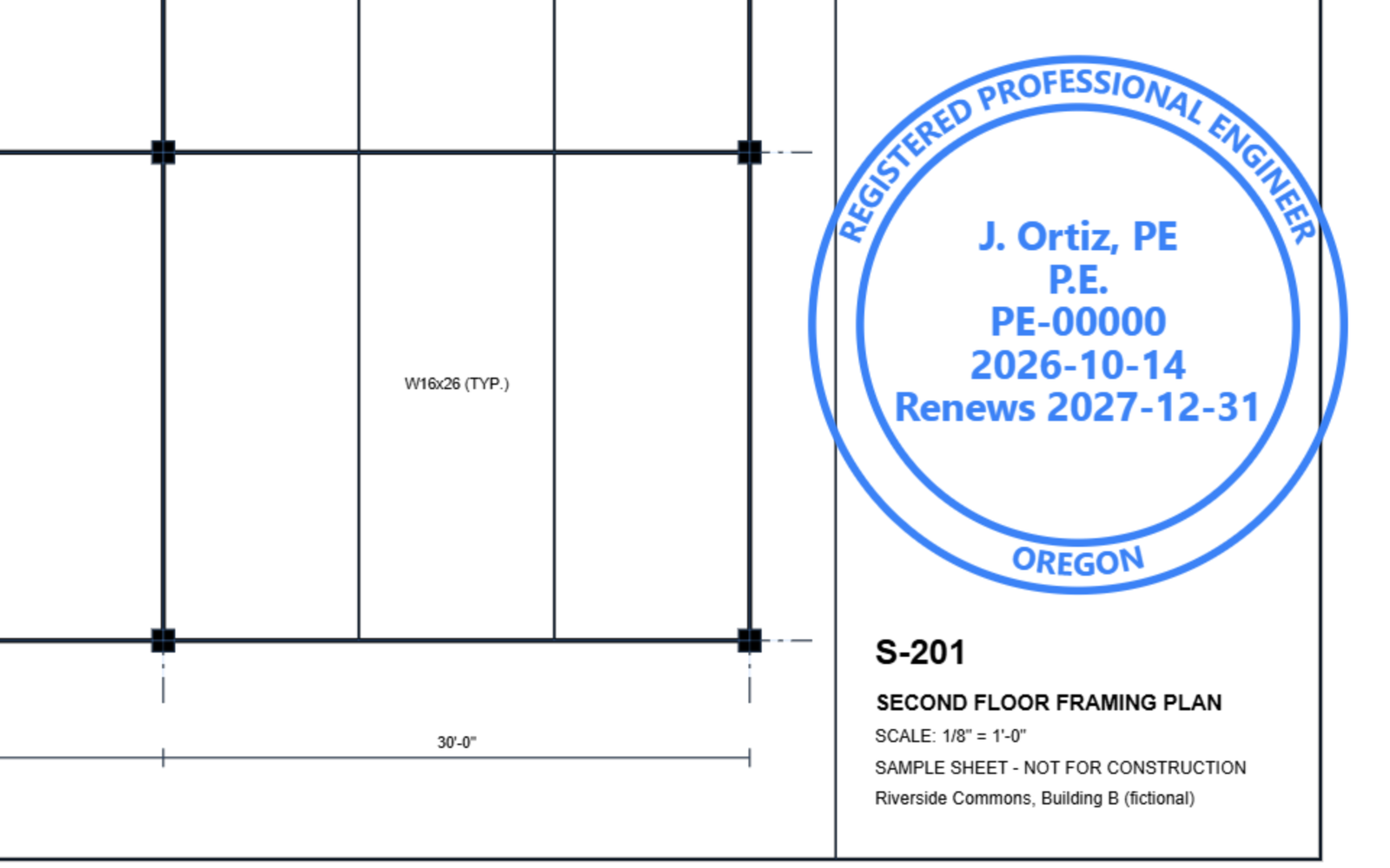 A PE seal stamped in the title block of a framing plan